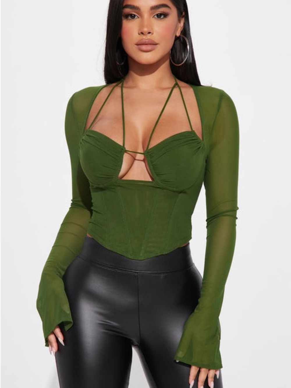 Fashion Nova Melanie Olive Green Mesh Long-Sleeve Corset Top